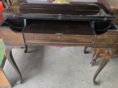 Vintage Wooden Vanity Desk with Fold-Down Top and Storage Compartments