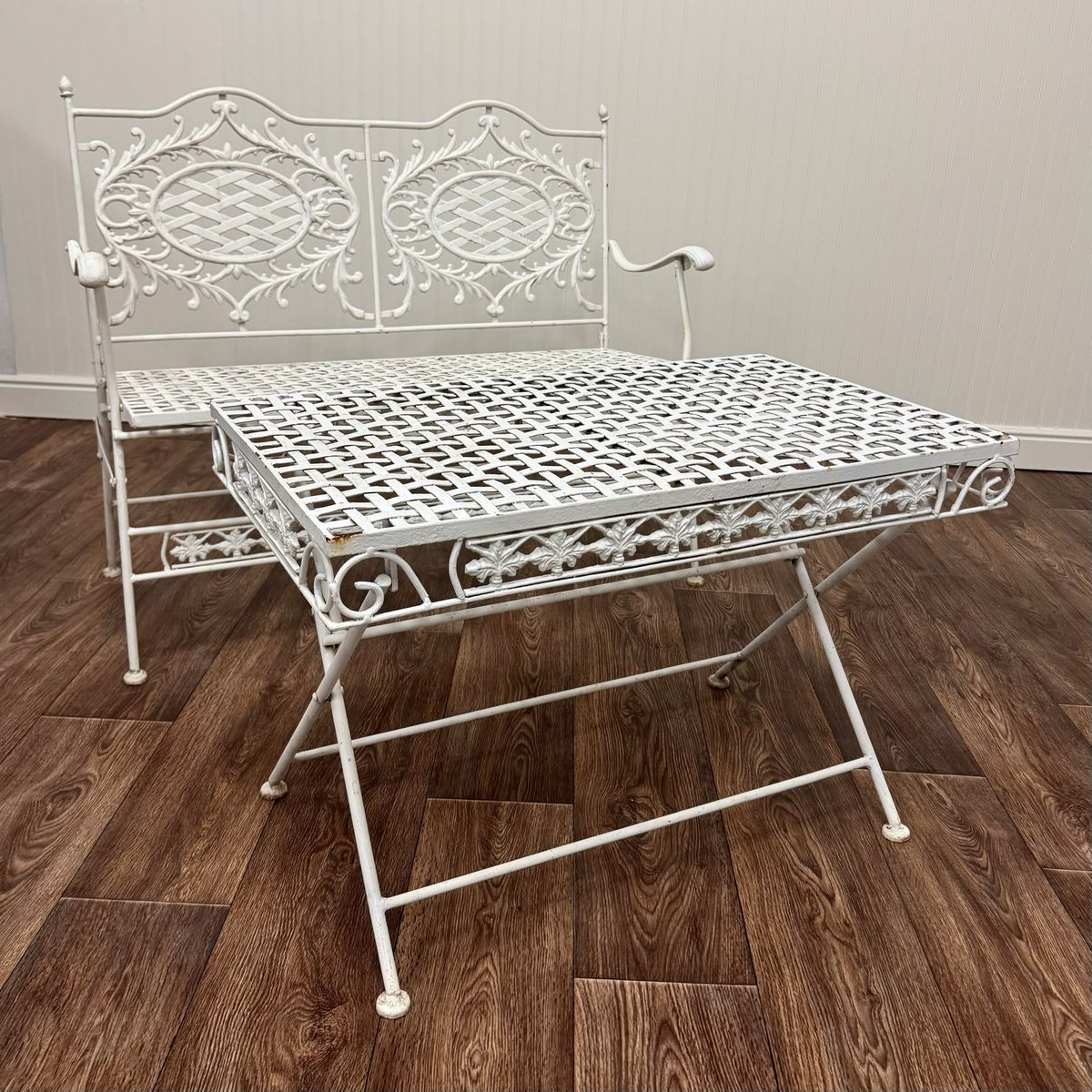Ornate Vintage Cast Iron Patio Bench & Table Set