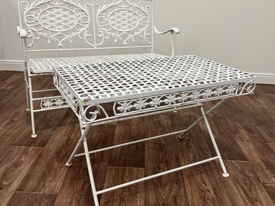 Ornate Vintage Cast Iron Patio Bench & Table Set
