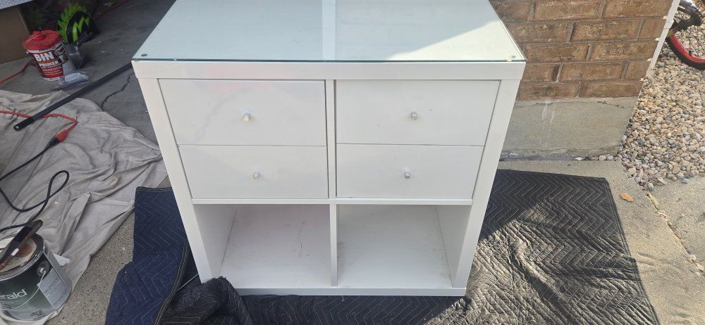 IKEA KALLAX Shelf Unit with 4 Drawers and Glass Top - White, Versatile Storage