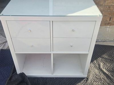 IKEA KALLAX Shelf Unit with 4 Drawers and Glass Top - White, Versatile Storage