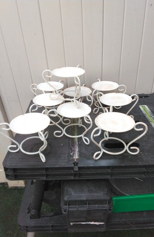 Set of 9 White Metal Candle Holders / Small Stands - Vintage/Distressed Look