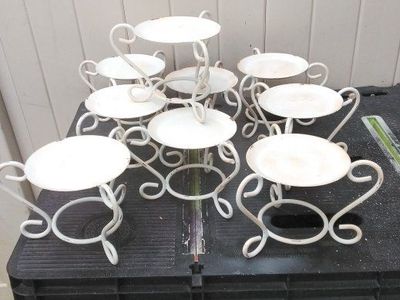 Set of 9 White Metal Candle Holders / Small Stands - Vintage/Distressed Look