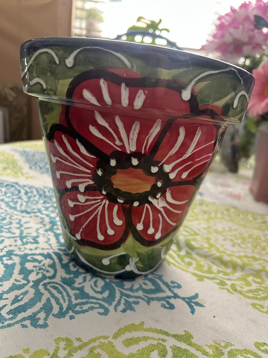 Hand Painted Ceramic Flower Pot Planter with Red Poppy Design