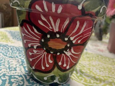 Hand Painted Ceramic Flower Pot Planter with Red Poppy Design