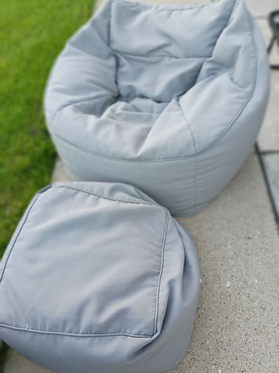 Gray Beanbag Chair & Ottoman Set - Comfortable Indoor/Outdoor Seating