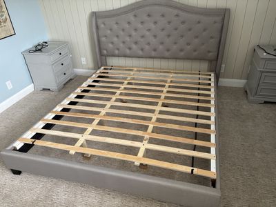 California King Upholstered Bed Frame with Wooden Slats