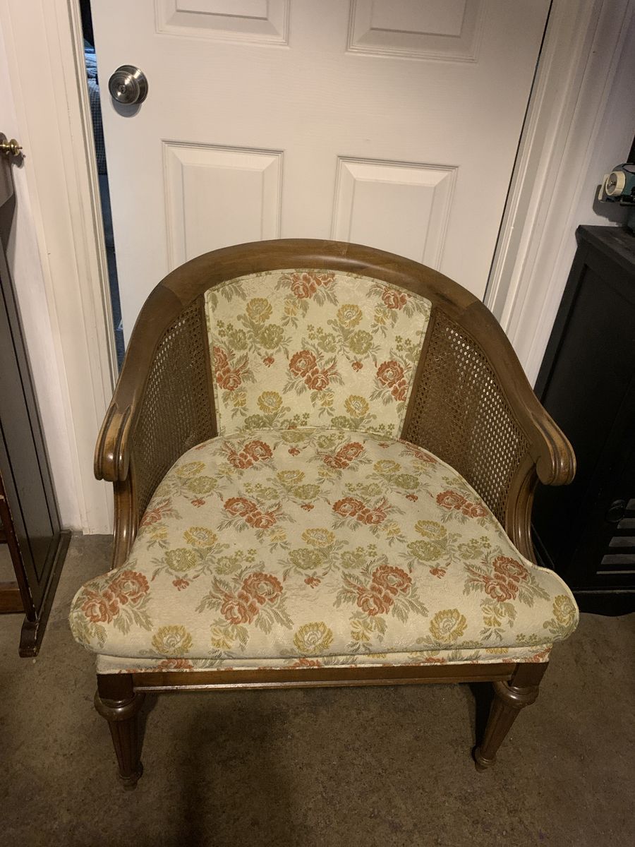 Vintage Cane Back Barrel Accent Chair with Floral Upholstery