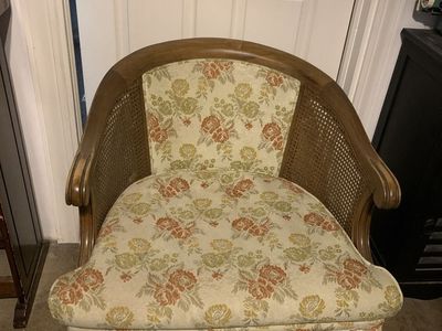Vintage Cane Back Barrel Accent Chair with Floral Upholstery