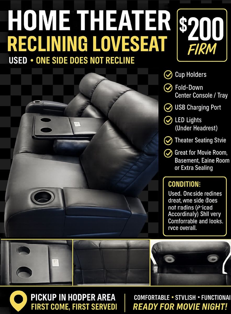 Leather Home Theater Reclining Loveseat w/ Console, Cup Holders, USB, LED - Black (One Side Reclines)