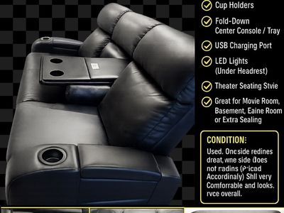 Leather Home Theater Reclining Loveseat w/ Console, Cup Holders, USB, LED - Black (One Side Reclines)