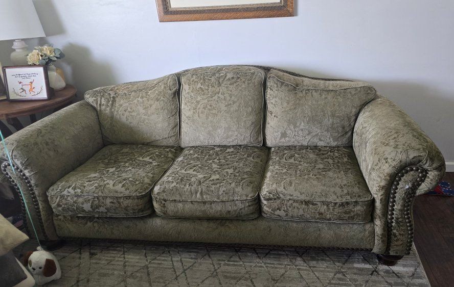 Green Damask Living Room Sofa and Matching Armchair Set with Wear