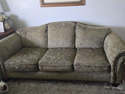 Green Damask Living Room Sofa and Matching Armchair Set with Wear
