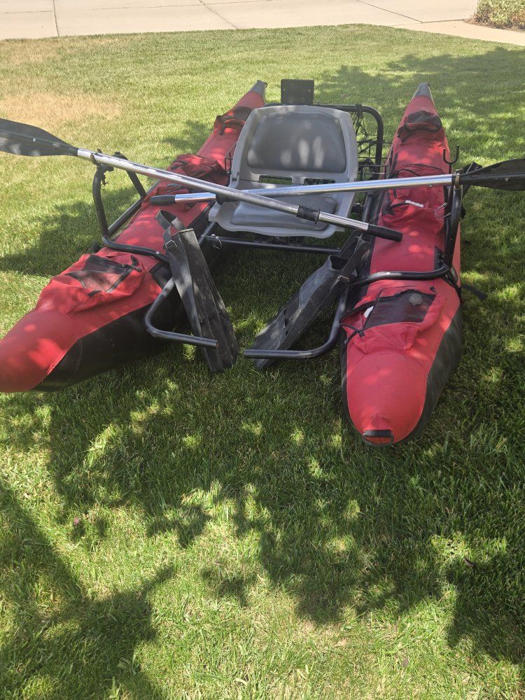 Red & Black Inflatable Fishing Pontoon Boat with Oars & Seat - Ready for the Water