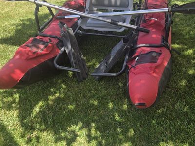 Red & Black Inflatable Fishing Pontoon Boat with Oars & Seat - Ready for the Water