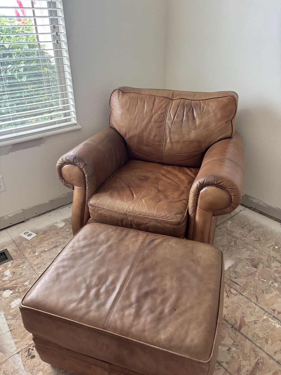 Used Leather Armchair and Ottoman - Brown, Comfortable