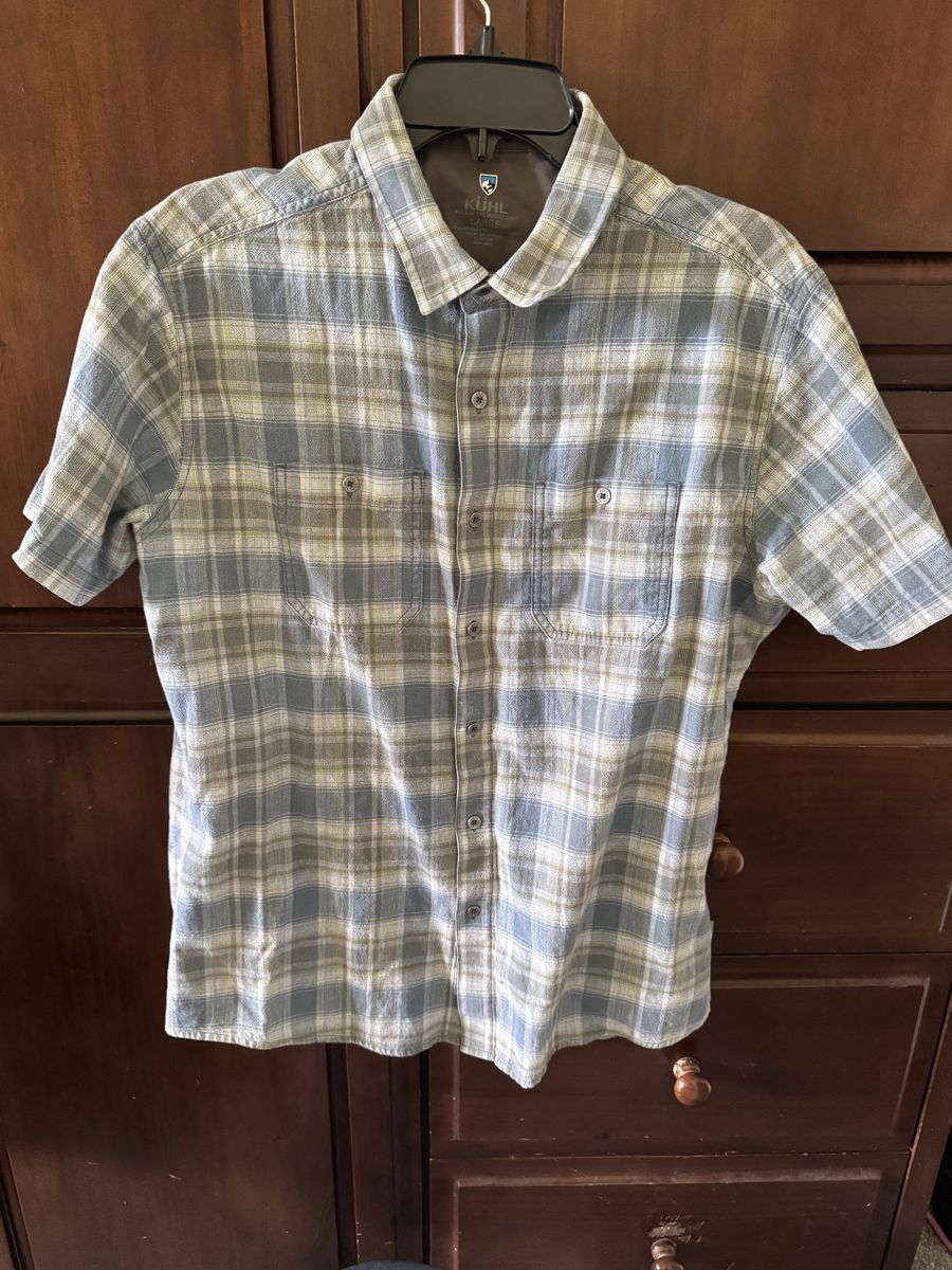 Kuhl Men's Plaid Short Sleeve Button-Up Shirt - Blue/Tan/White, Size Large