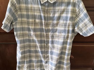 Kuhl Men's Plaid Short Sleeve Button-Up Shirt - Blue/Tan/White, Size Large