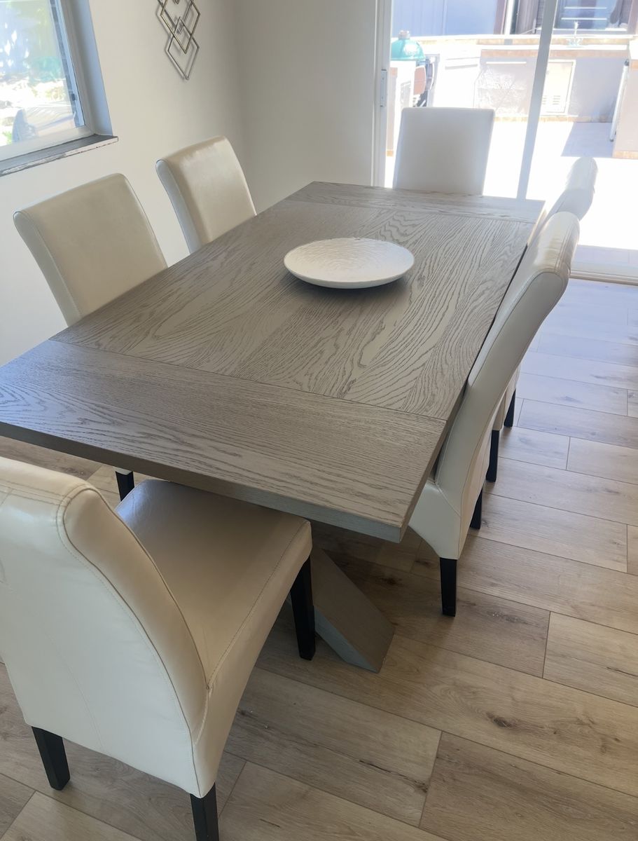 West Elm Holmes Modern Gray Wood Dining Table with 6 Cream Leather Chairs
