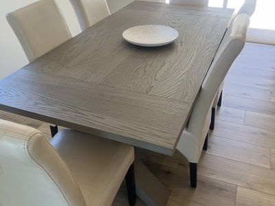 West Elm Holmes Modern Gray Wood Dining Table with 6 Cream Leather Chairs