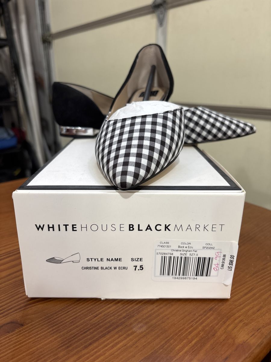 White House Black Market Christine Black & Ecru Gingham Flats - Size 7.5