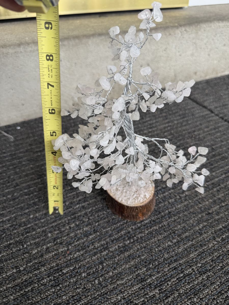Rose Quartz Gemstone Tree Wire Sculpture with Wooden Base Approx 8.5 Inch