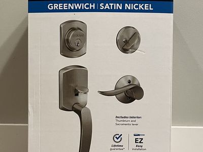 NEW Schlage Greenwich Satin Nickel Deadbolt with Lever Door Handle Set
