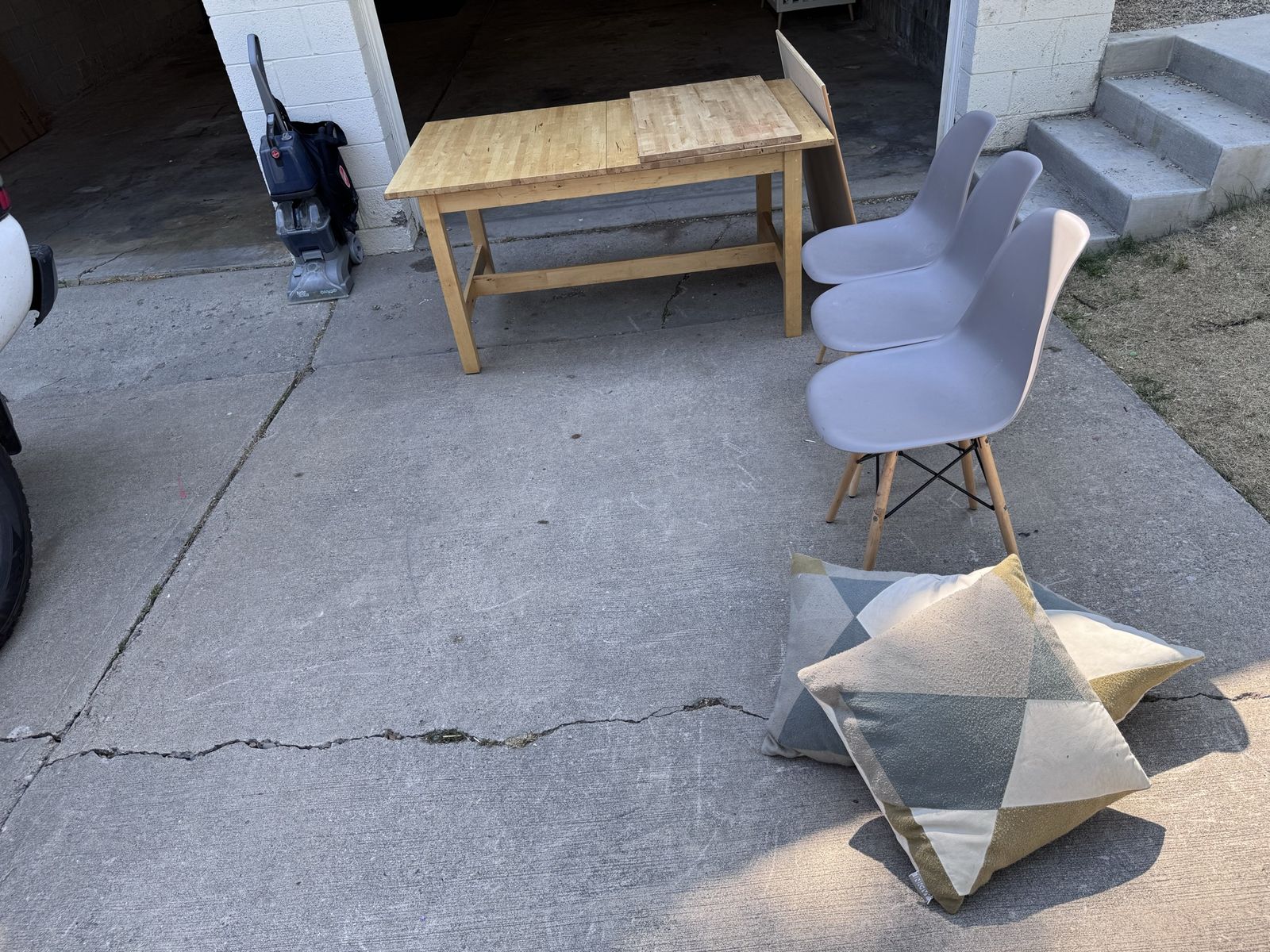 FREE Solid wood table, chairs, throw pillows, cork board and carpet cleaner