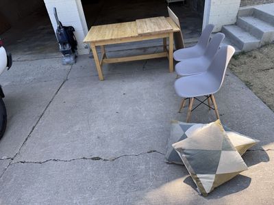 FREE Solid wood table, chairs, throw pillows, cork board and carpet cleaner