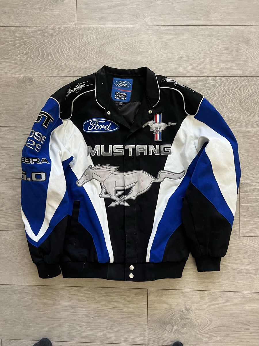 Official Ford Mustang Racing Bomber Jacket Size L Black Blue White
