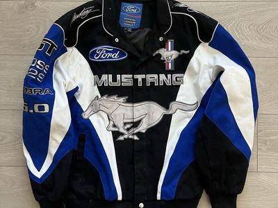 Official Ford Mustang Racing Bomber Jacket Size L Black Blue White