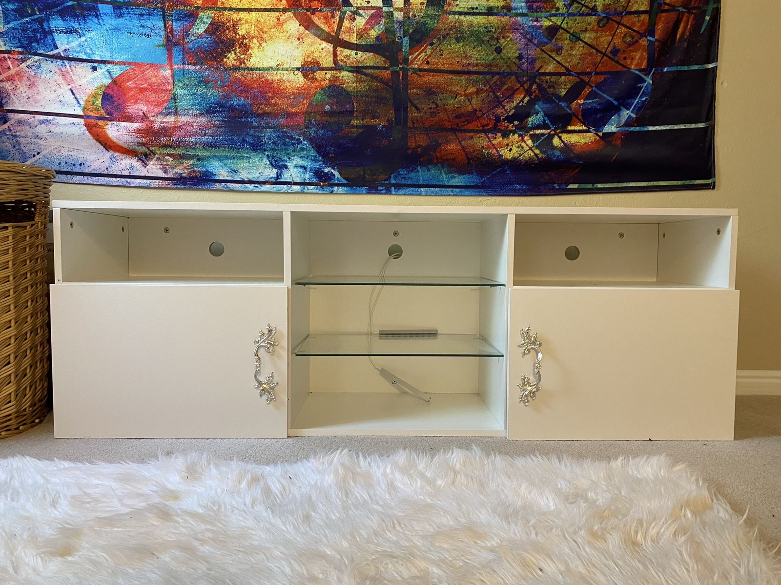 White TV Stand with Glass Shelves and Ornate Pulls - 20" H x 57" W 14“ D