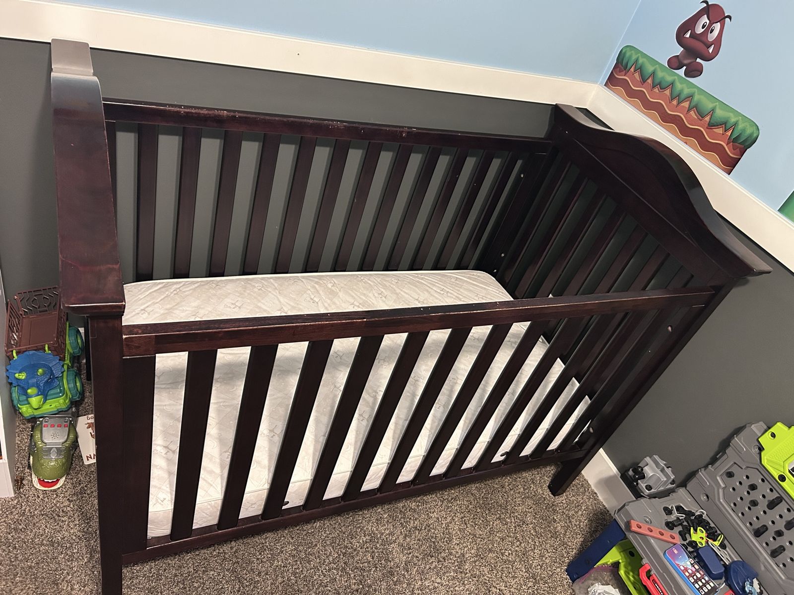 Solid Wood Brown Crib with Matress