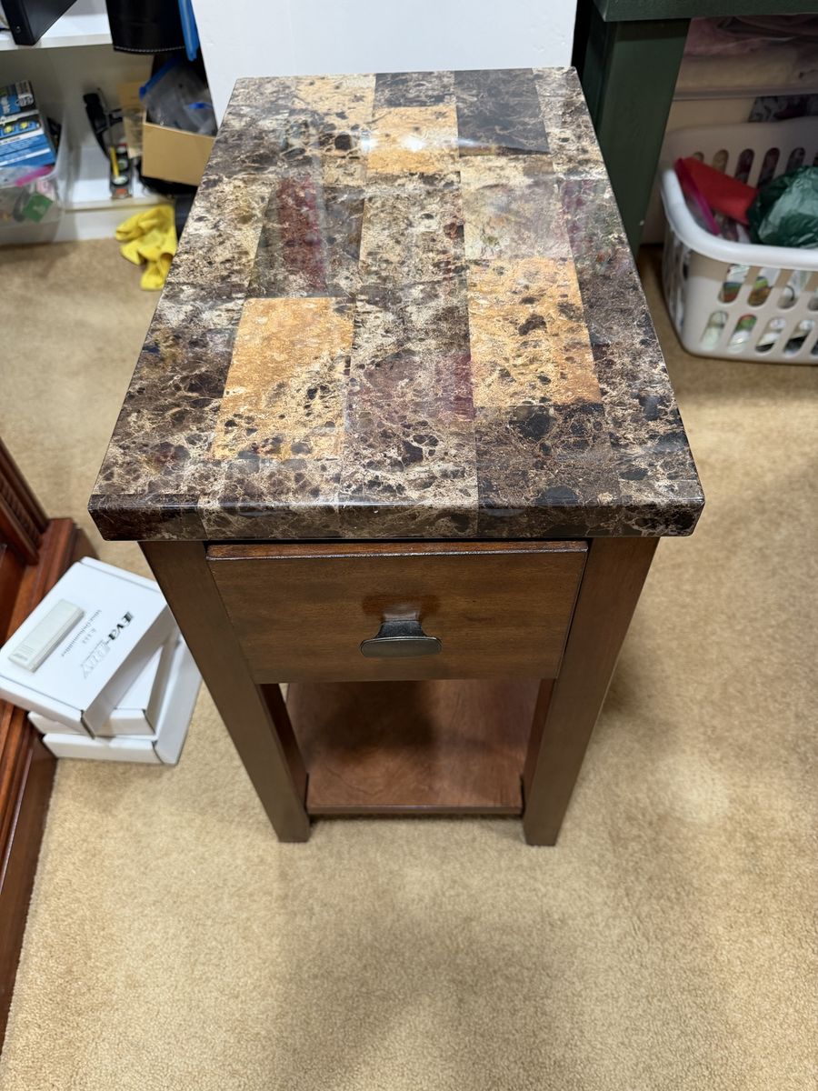 Slim End Table with Faux Marble Top and Storage Drawer