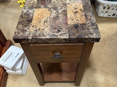 Slim End Table with Faux Marble Top and Storage Drawer