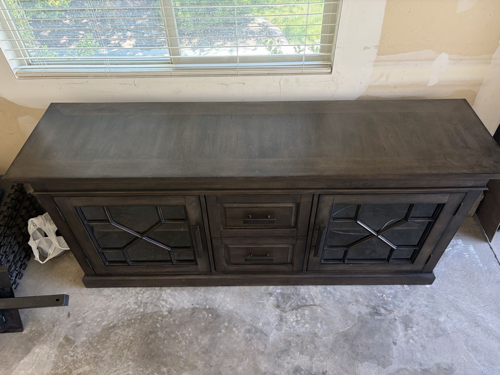 Dark Wood Media Console TV Stand with Glass Doors and Storage Drawers