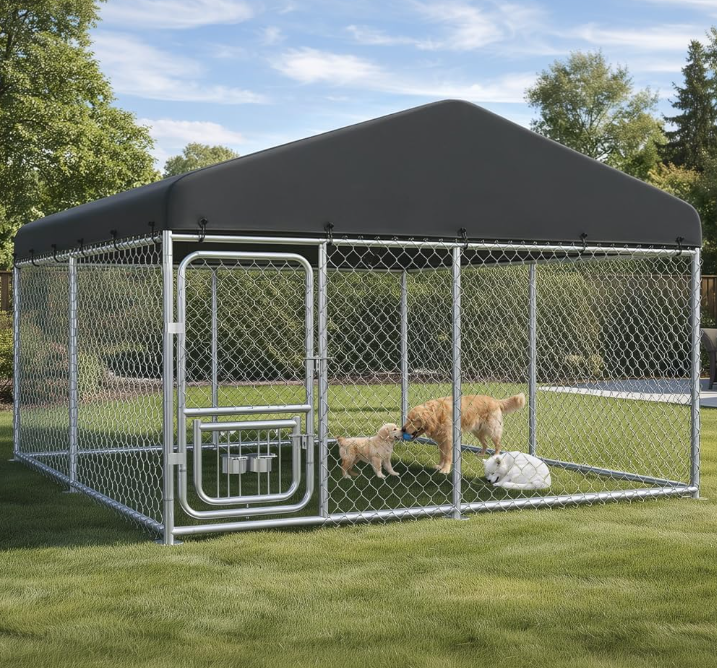 10×10FT Outdoor Dog Kennel with Adjustable Bowls Feeder Heavy Duty Extra-Large Dog Enclosure with Roof & Lock All Weather