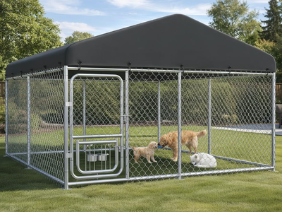 10×10FT Outdoor Dog Kennel with Adjustable Bowls Feeder Heavy Duty Extra-Large Dog Enclosure with Roof & Lock All Weather