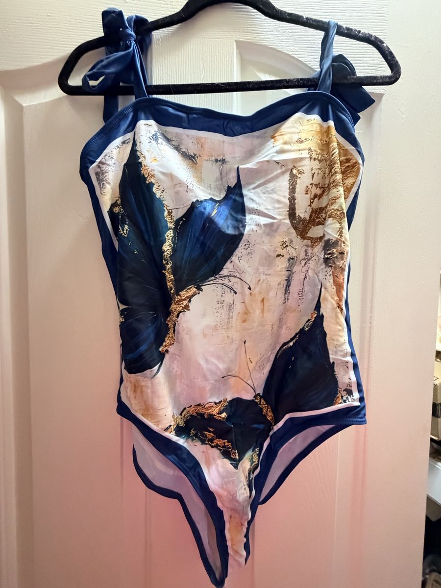 New. Beautiful XL Blue Butterfly Print One-Piece Swimsuit with Shoulder Tie Straps