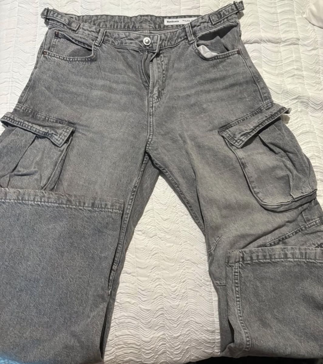 Bershka Women's Grey Denim Cargo Pants Size 10