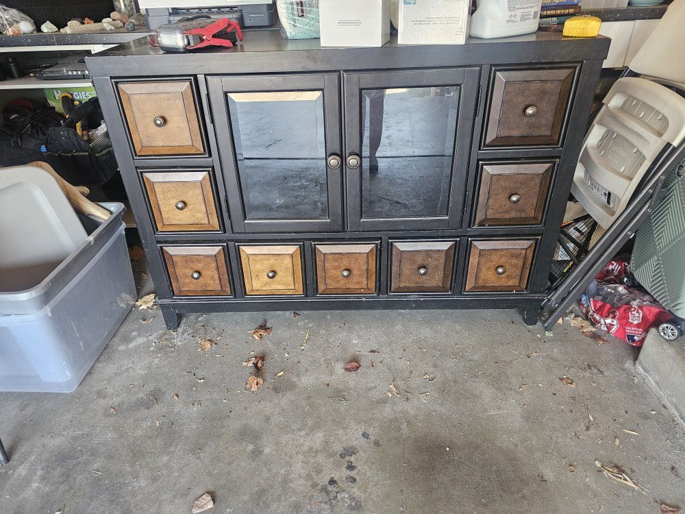 Rustic Dark Wood Media Console TV Stand w/ Glass Doors & Drawers - Good Condition