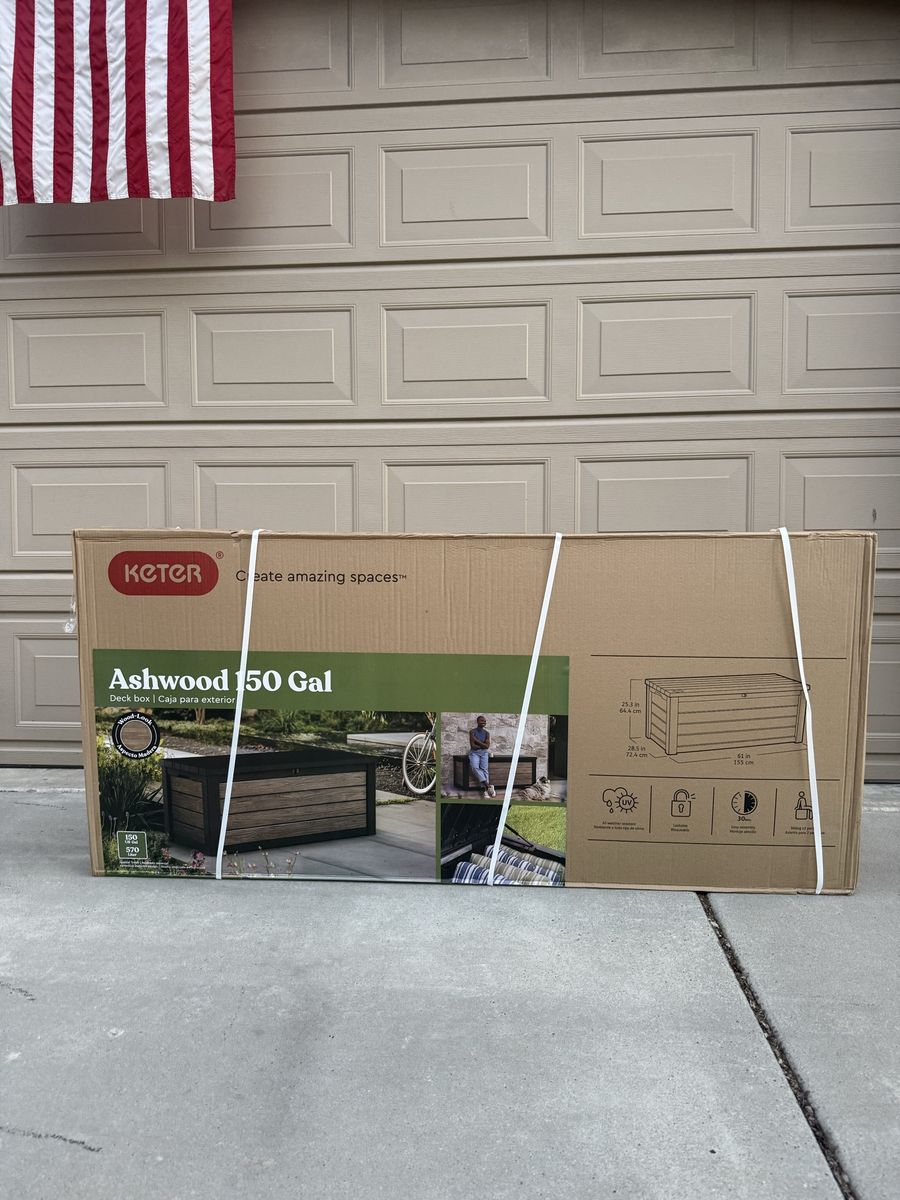 New in Box - Keter Ashwood 150 Gallon Outdoor Resin Deck Box