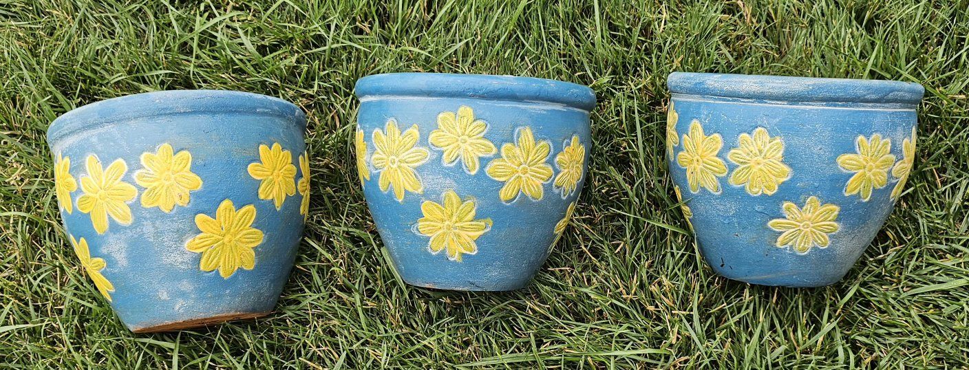 Set of 3 Blue & Yellow Floral Ceramic Planters/Pots - Garden Decor, Home Accents 7.5"Tx8.5"W Drainage Hole