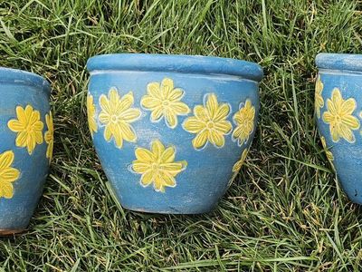 Set of 3 Blue & Yellow Floral Ceramic Planters/Pots - Garden Decor, Home Accents 7.5"Tx8.5"W Drainage Hole