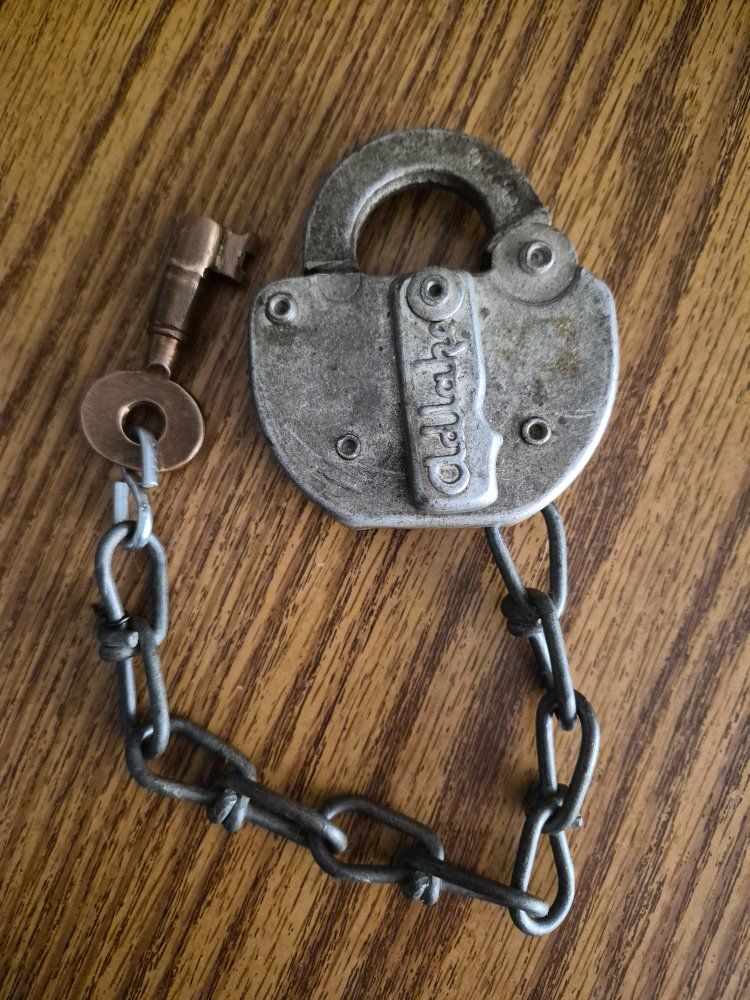Adlake Railroad Padlock with Chain and Key - Vintage Collectible Lock, Used