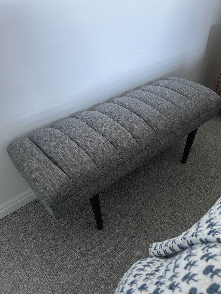 Mid-Century Modern Gray Upholstered Channel-Tufted Bench