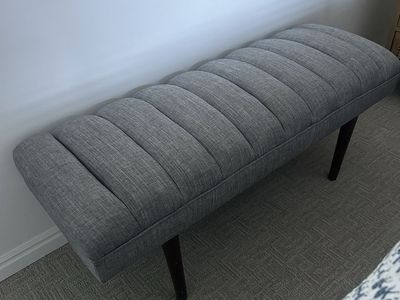 Mid-Century Modern Gray Upholstered Channel-Tufted Bench