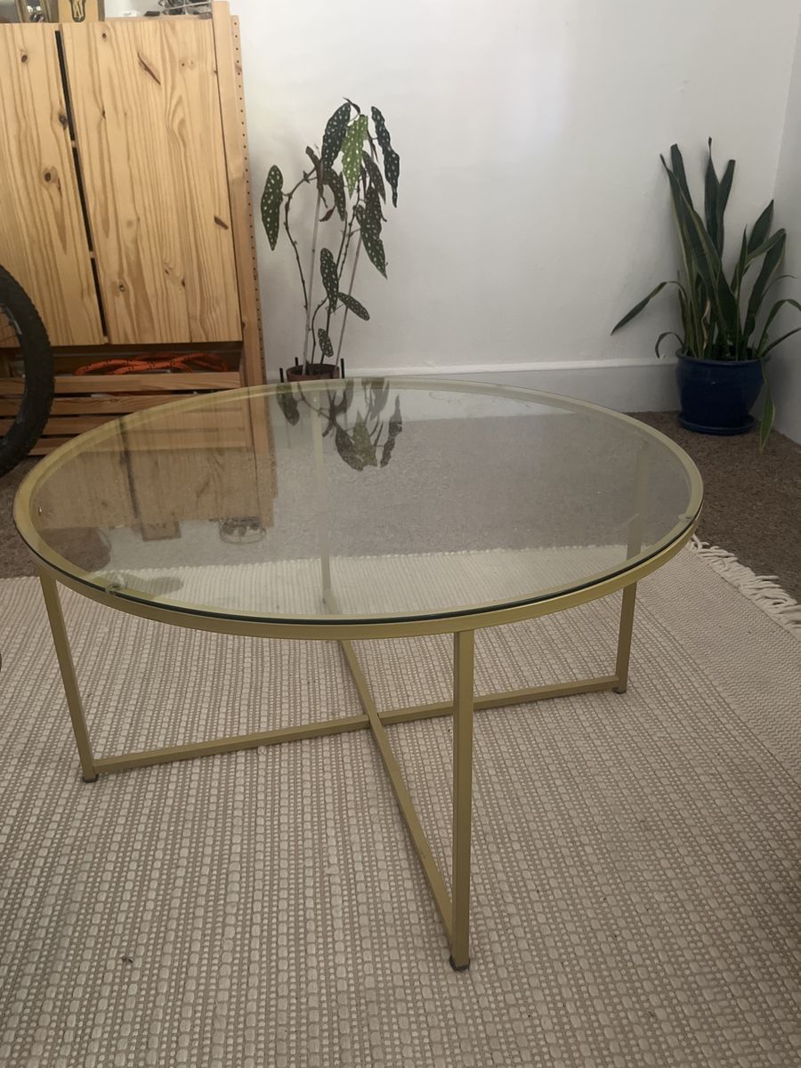 Gold Metal Frame Round Glass Coffee Table - Modern Minimalist Design, UsedGood