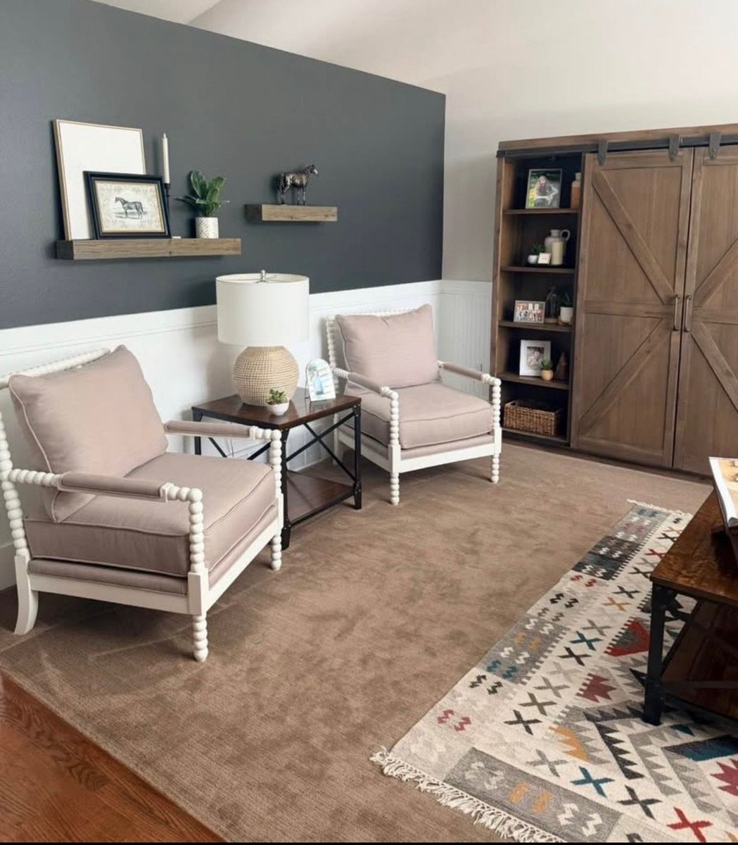 White Spindle Beaded Accent Armchair with Light Taupe Cushions
