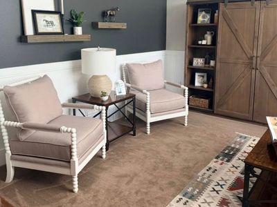 White Spindle Beaded Accent Armchair with Light Taupe Cushions